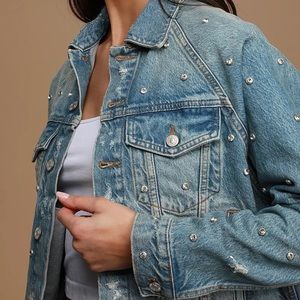 Free People XS “Night After Night” Light Wash Rhinestone Denim Jacket